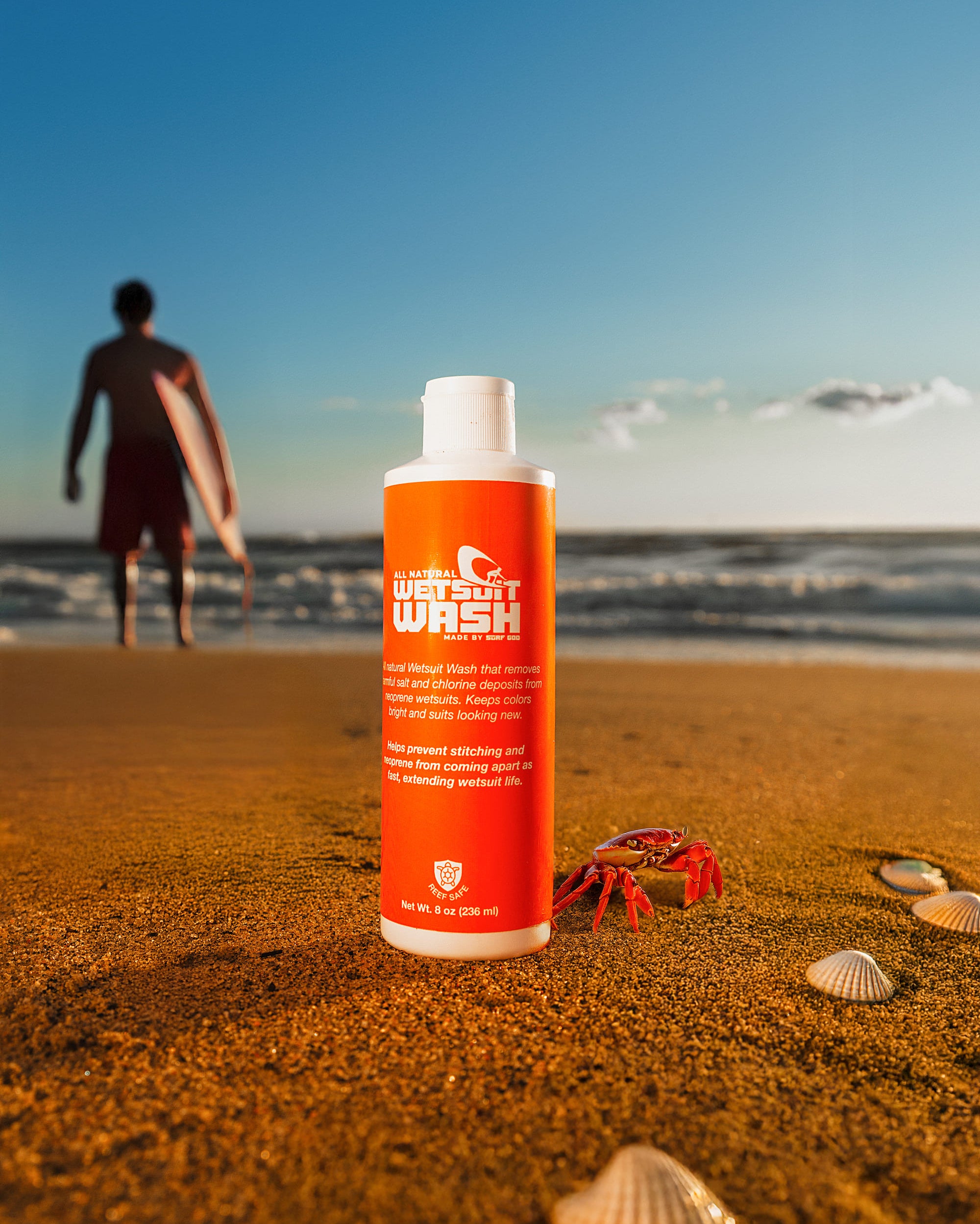 Bottle of Wetsuit Wash eco-friendly neoprene cleaner for surf and dive gear.